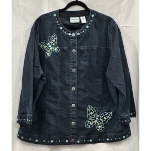 Vintage y2k Alfred Dunner Dark Denim Beaded Butterfly Jacket Womens size 22 W